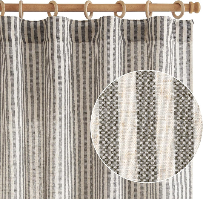 jinchan Linen Curtains 84" Charcoal Grey Stripe on Beige Back Tab 4 Panels