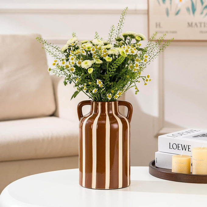 Ceramic Flower Vase with Handles, Modern Brown Striped Decorative Vase for Home Decor, 9.1" Art Floral Tall Flower Vases for Living Room & Kitchen, Mantel & Bookshelf, Centerpieces, Entryway
