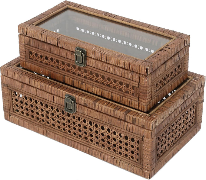 DECOR4SEASON Rattan and Cane Stacking Boxes with Glass Top Lid - Set of 2 for Boho, and Rustic Farmhouse Decor
