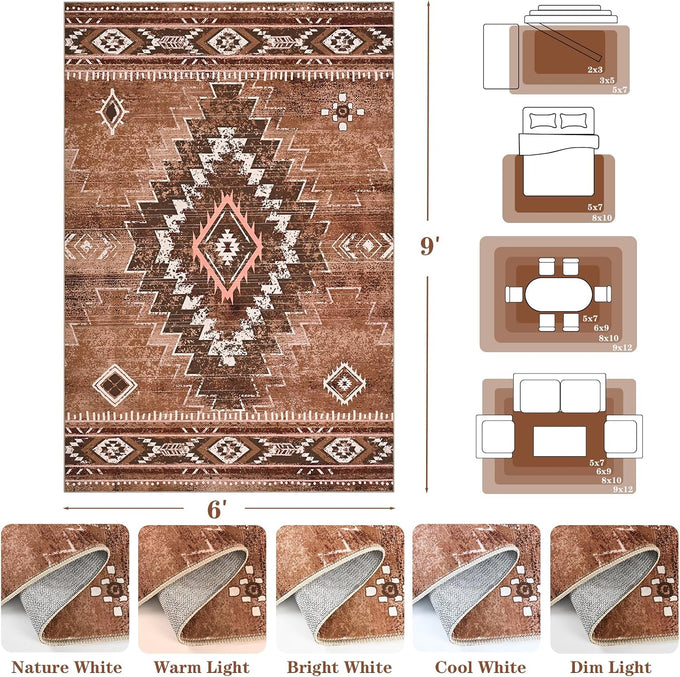 Yinhua Living Room Rug 6x9, Western Washable Rug for Bedroom, Brown