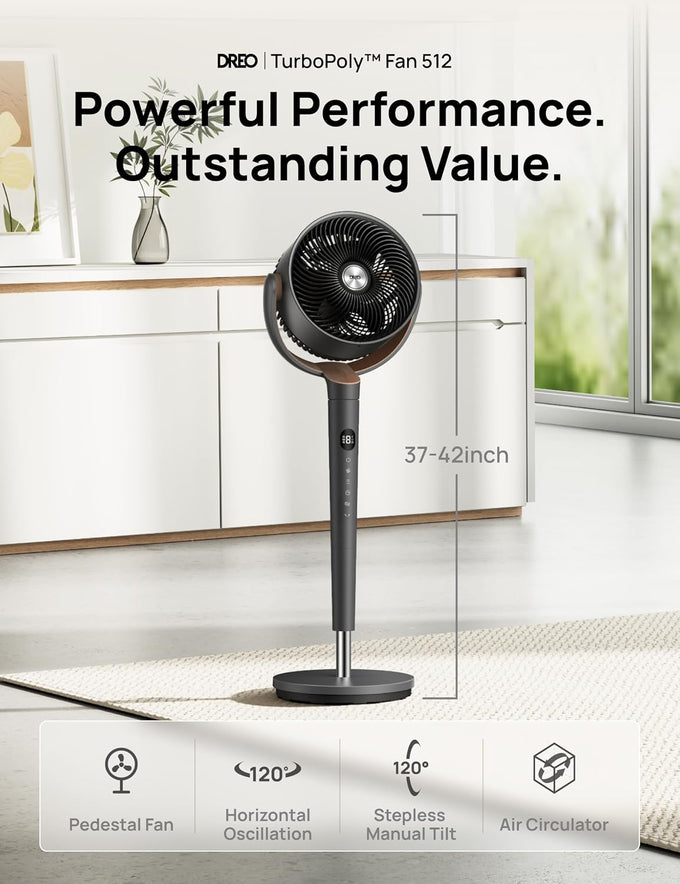DREO Pedestal Fan for Bedroom, 100ft Airflow, Quiet DC Motor Standing Fan