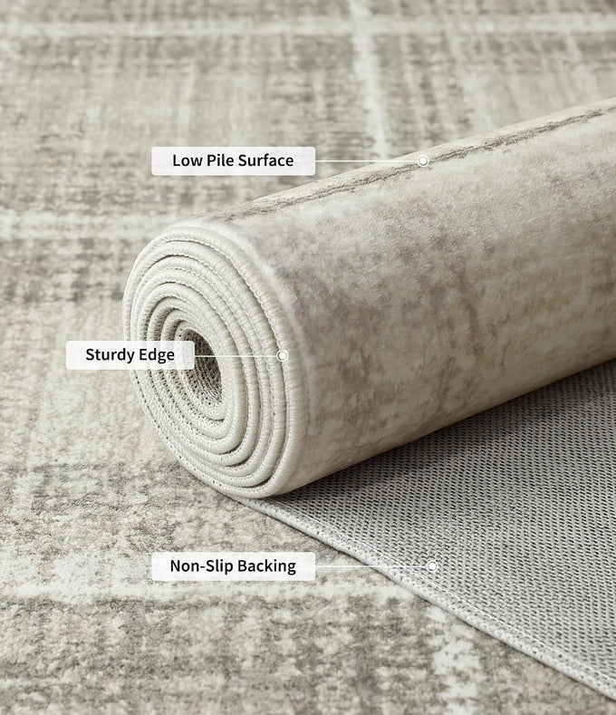 YIHOUSE 5x7 Beige Ivory Distressed Plaid Area Rug for Living Room