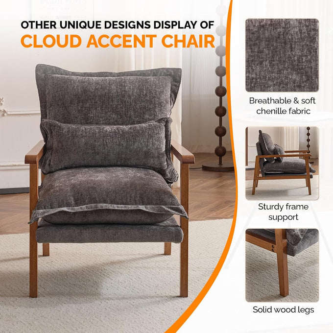 VINGLI Mid-Century Modern Cloud Accent Armchair with Lumbar Pillow, 6.3'' Thick Seat Cushion Comfortable Reading Chair with Wooden Armrests，Boho Lounge Chair for Bedroom, Living Room, Chenille, Grey