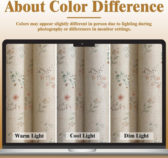 Boho Floral 100% Blackout Curtains 84 Inch 2 Panels Linen Texture