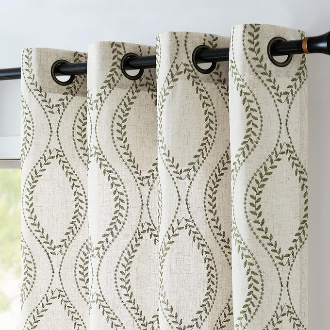jinchan Boho Linen Curtains 63 Inch Green on Beige Grommet 2 Panels