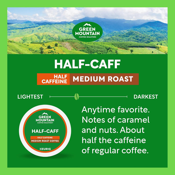 Green Mountain Coffee Roasters Half Caff Keurig Single-Serve K-Cup pods, Medium Roast Coffee, 72 Count