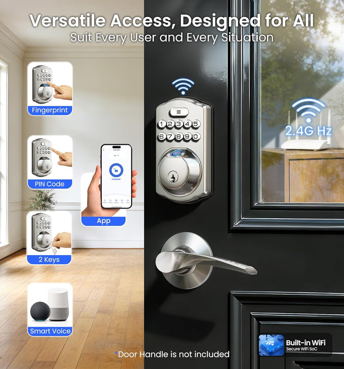 Veise VE012W WiFi Fingerprint Smart Lock for Front Door, Satin Nickel