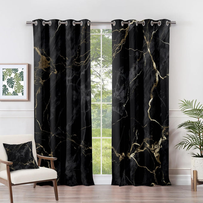 Marble Blackout Curtains for Bedroom Living Room - Black and Gold Abstract Modern Luxury Patterned Window Treatments, Room Darkening Grommet Drapes, 96 Inch Curtains 2 Panel Set