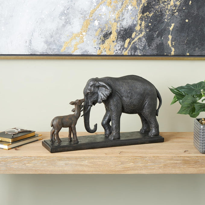 Deco 79 Resin Elephant Decorative Sculpture Walking Home Decor Statue with Dark Brown Deer, Accent Figurine 20" x 6" x 11", Black