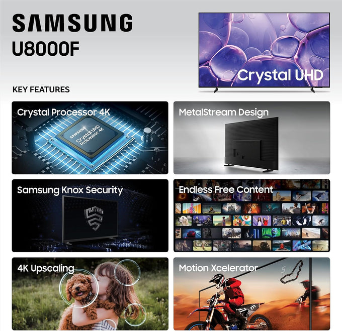 Samsung 50-Inch Class Crystal UHD U8000F 4K Smart TV (2025 Model) Endless Free Content, Processor, MetalStream Design, Knox Security, Alexa Built-in
