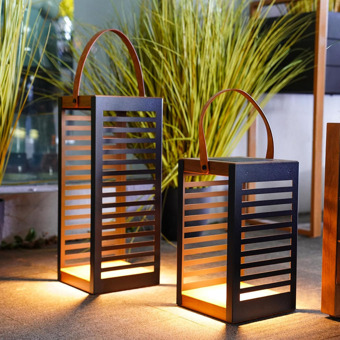 Solar Yard Outdoor Solar Lanterns, Solar Lamp Decorative Outdoor Water-Resistant Steel Table Decor with Handle for Patio, Yard, Porch, Small Woodgrain