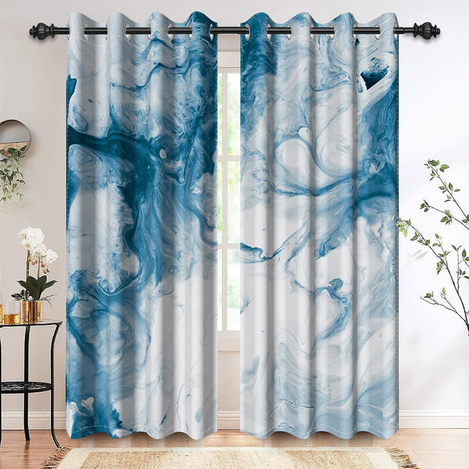 Grey Black Gold Ink Marble Blackout Window Curtains 2 Panels 84" L x 53" W