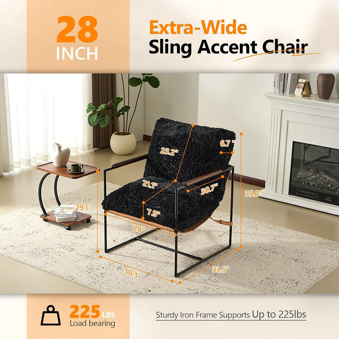 VINGLI 28" Wide Plush Upholstery Sling Modern Accent Chair with Metal Frame, Cute Reading Armchair with Removable Seat Cushion & Tan Microfiber Seat Base, Lazy Chair for Bedroom & Lounge,Black