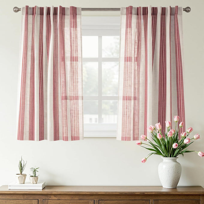 DriftAway Farmhouse Curtains for Living Room Vertical Striped Linen Curtains Semi Sheer Light Filtering Grommet Window Treatments, 120 Inches Long, 2 Panels, Jean Navy on Beige