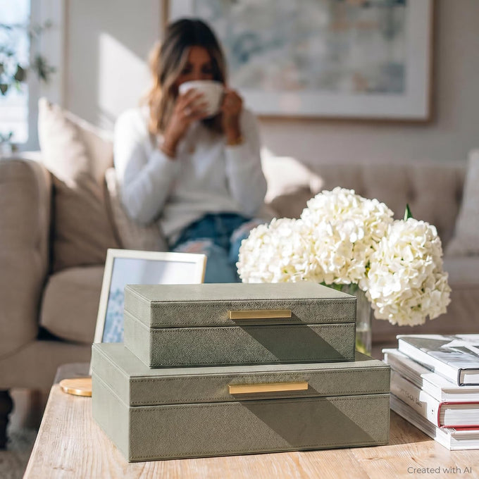 Decorative Storage Boxes with Lids - Set of 2 PU Leather Organizer Bins