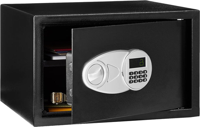Amazon Basics Steel Security Safe and Lock Box with Electronic Keypad, Secure Documents Storage, Black, 0.5 Cubic Feet, 13.8"W x 9.8"D x 9.8"H, Removable Shelf