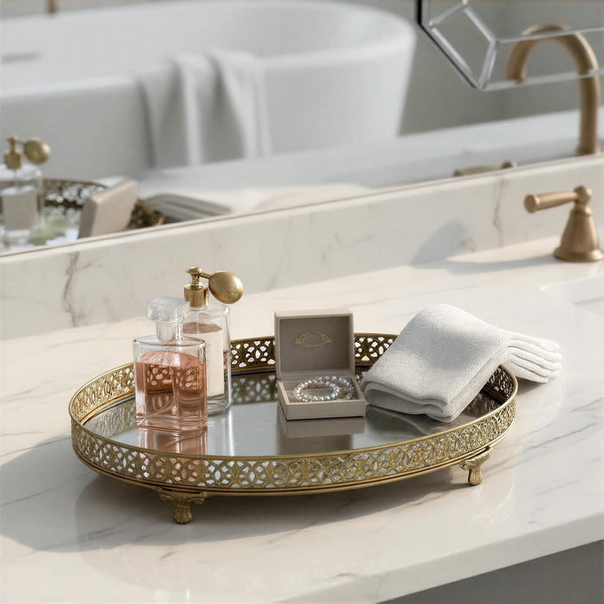 Creative Co-Op Oval Metal Filigree Footed Tray with Mirror, Gold Finish