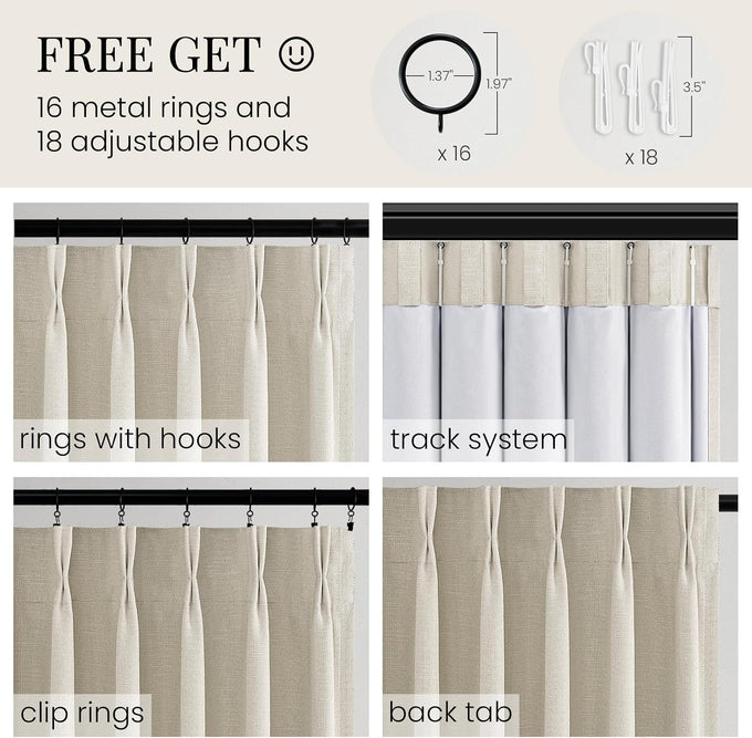 Topfinel 108 Inch Long Pinch Pleated Blackout Curtains for Living Room, Natural Linen Thick Linen Pleat Drapes for French Door Decoration, Cozy Rustic American Window Treatment Cream Beige 52"W*108"L