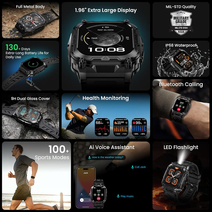 AMAZTIM Smart Watch, Rugged Fitness Watch, 40 Days Battery, Flashlight