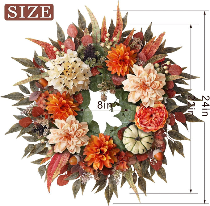 24"Artificial Silk Hydrangea Flower Dahlia Fall Wreath for Front Door Decor
