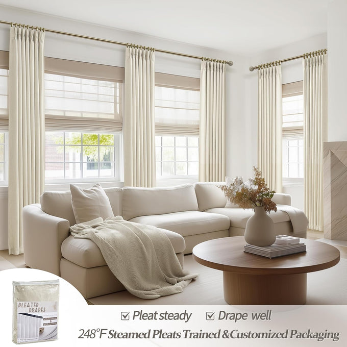 Thick Linen Sand Beige Black Out Curtains 96 Inch Long for Living Room, Elegant Pinch Pleated Room Darkening Cream Curtain & Drapes 40x96 Length for Bedroom Privacy Insulated Windows Burg 2 Panels Set
