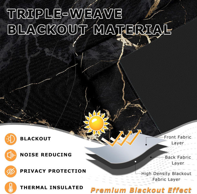 Marble Blackout Curtains for Bedroom Living Room - Black and Gold Abstract Modern Luxury Patterned Window Treatments, Room Darkening Grommet Drapes, 96 Inch Curtains 2 Panel Set