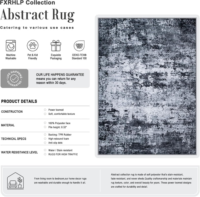 8x10 Area Rug Living Room: Modern Washable Indoor Carpet Black