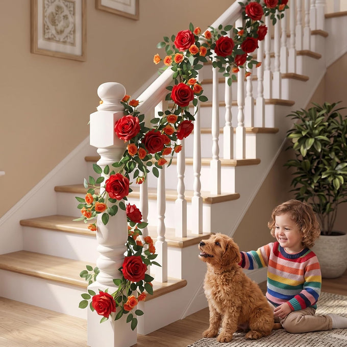 4 Pcs 24Ft Faux Rose Vine Garland Wedding Decor,Red，Orange