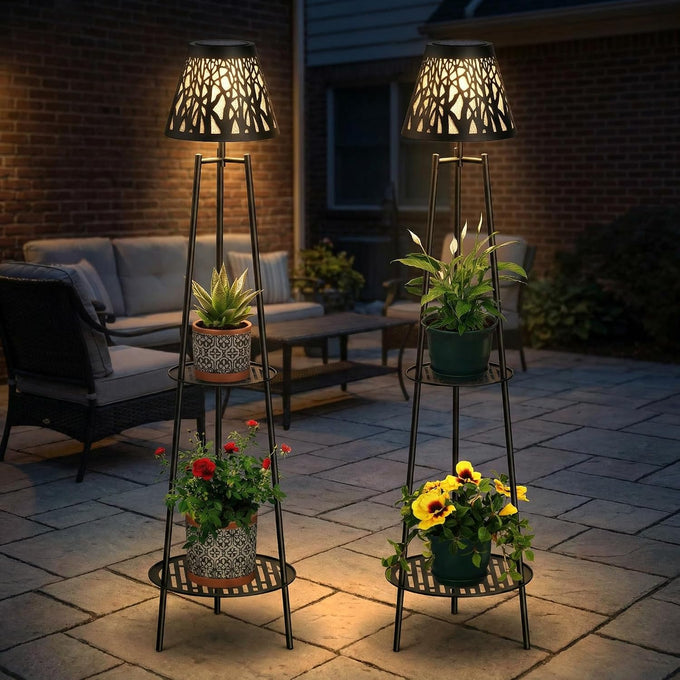 VISFLAIR 2 Pack Solar Lights with Plant Stand, Outdoor Floor Lamp, Waterproof Solar LED Edison Bulb Floor Lamps for Patio Porch Deck Yard Garden Decor