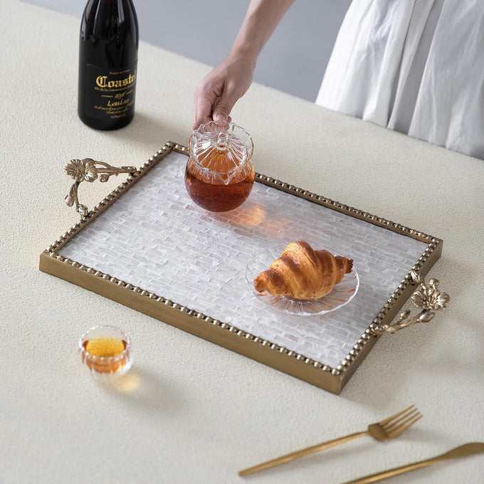 Handcrafted Large Rectangular capiz Shell Inlay Decorative Tray, 20" x 12", Retro Luxurious Metal Frame with Handle Breakfast Tray, Coffee Table, Makeup Table Storage Service Tray (Rectangular)