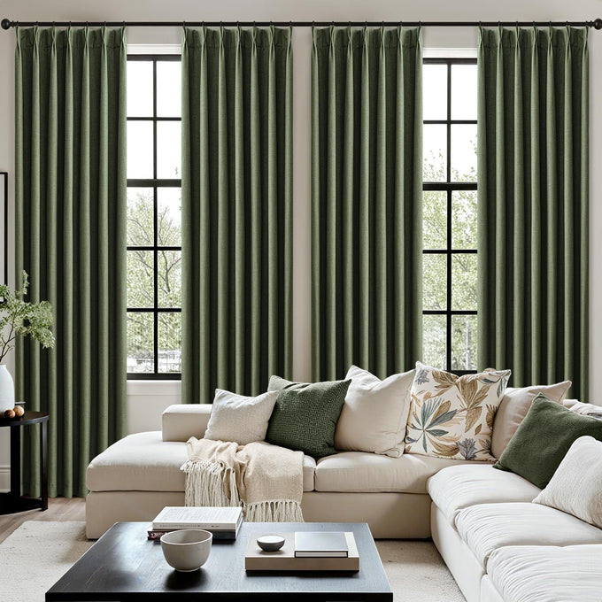 MIULEE Olive Green Pinch Pleated 100% Blackout Linen Curtains 40x84 Inches