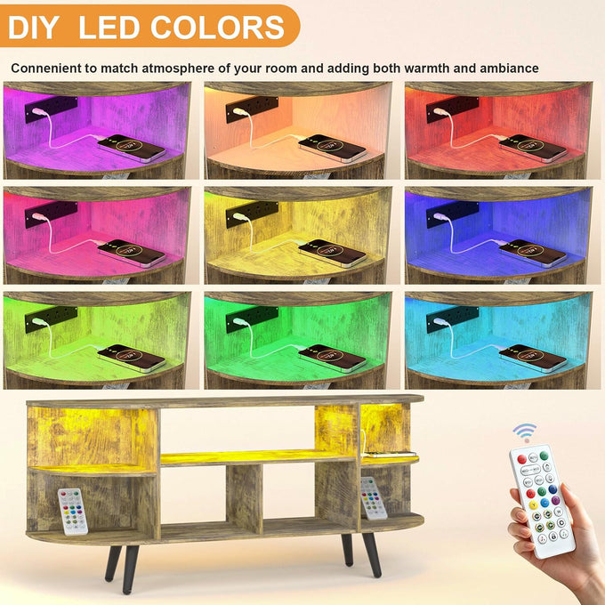 55" Amber Small TV Stand 7 Shelves with Outlet and Smart Light