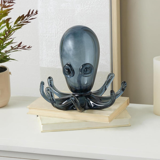 Deco 79 Glass Octopus Decorative Sculpture Cute Ombre Home Decor Statue with Curved Tentacles, Accent Figurine 9" x 9" x 8", Dark Blue