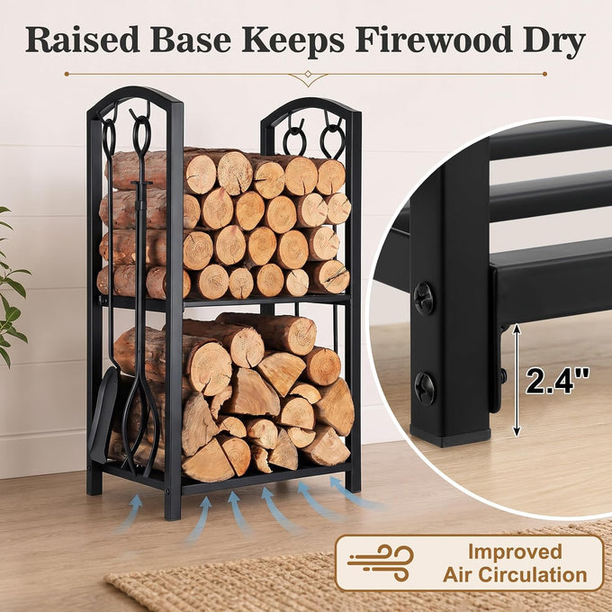 FEED GARDEN 29" Firewood Rack with 4-Piece Fireplace Tools, Indoor Outdoor