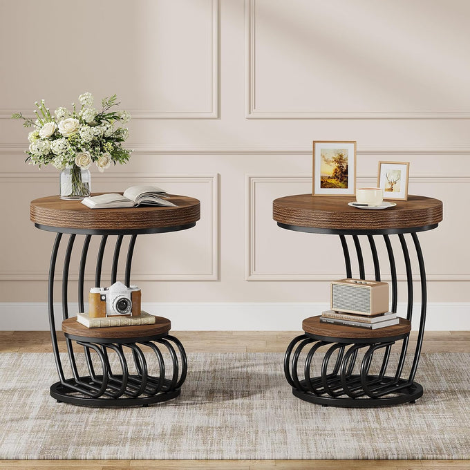 Tribesigns Round End Table, 2-Tier Farmhose Wood Side Table with Shelf Storage, Small Sofa Side Bedside Nightstand, Arc-Shaped Frame Accent Furniture for Living Room, Grey