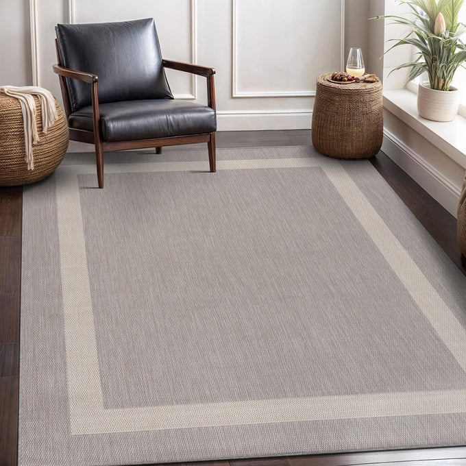 CAMILSON Outdoor Rug 5x7,Modern Outside Rugs for Patios Porches Waterproof Durable Washable Non-Shedding, Easy-to-Clean Indoor Outdoor Area Carpet (5 x 7, Bordered - Gray/White)
