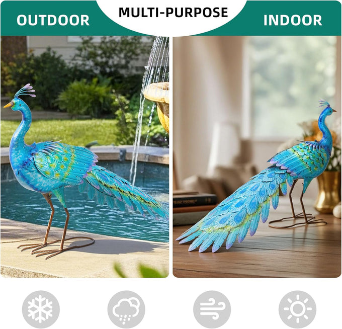 31" L Metal Peacock Garden Statue,Handcrafted Outdoor Yard Art