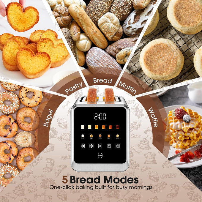 Smart Toaster 2 Slice with Touchscreen, 900W Stainless Steel Wide Slot 1.5 Inch, BreadID Tech Live Countdown Timer, Memory Function, Defrost Reheat for Bagel Waffle Bread, Kitchen Essentials