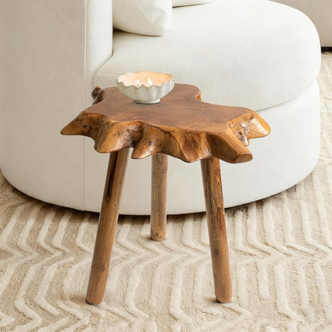 Natural Teak Wood Live Edge Side Table with Wood Legs – Rustic Side Table for Living Room, Bedroom – Sturdy Real Teak Wood End Table, Easy to Assemble (18" x 20" x 20")