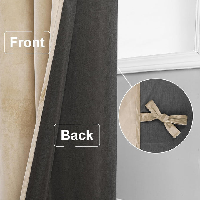 JIUZHEN Beige Velvet Blackout Curtains 52W x 120L 2 Panels with Tiebacks