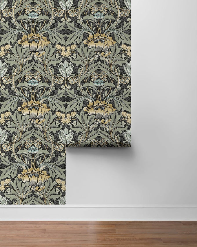 Acanthus Floral Vintage Prepasted Wallpaper (Charocal & Goldenrod)