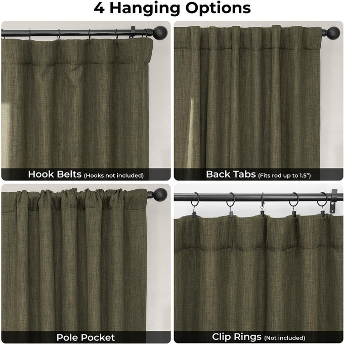 Faux Linen Extra Wide Curtains (1 Panel) - 100W X 108L, Khaki Green