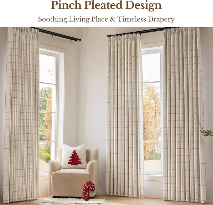 THREE GIRLS Pinch Pleated Plaid Curtains Blackout Linen Gingham Curtains for Living Room,Bedroom Checkered Patterned Insulated 84 Inches Long Double Layer 2 Panels Set Printed Design Darkening