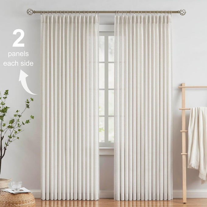 Vision Home Natural Linen Pinch Pleated Semi Sheer Curtains 42Wx90Lx2