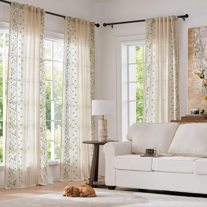 jinchan Sage Floral Linen Curtains for Living Room 84" Back Tab 2 Panels
