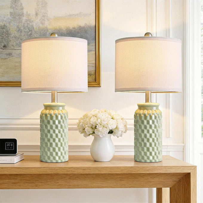 20.5" Small Bedside Lamps Set of 2, Green Ceramic Nightstand Lamp
