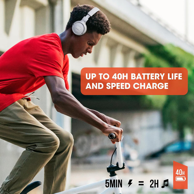 JBL Tune 510BT - Bluetooth headphones with up to 40 hours battery, microphone for call, foldable and comfortable, Android and iOs compatible (White)