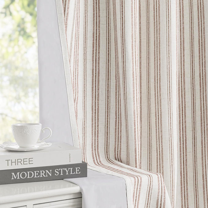 MYSKY HOME Taupe Striped Linen Curtains 100% Blackout 52Wx84L,2 Panels