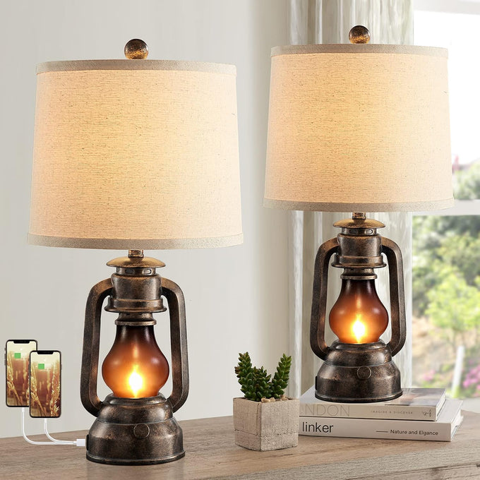 Farmhouse Lantern Table Lamps for Living Room Set of 2 with USB C+A