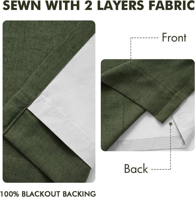 MIULEE Olive Green Pinch Pleated 100% Blackout Linen Curtains 40x84 Inches